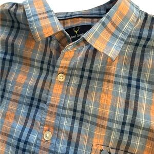 Allen Solly Blue And Peach Stripe Button L/sleeve Size 44  Top Button Missing